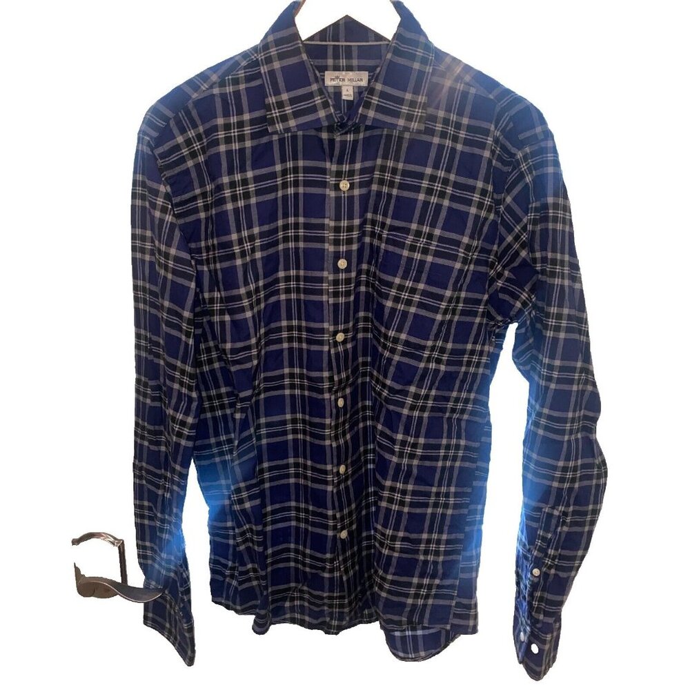 Peter‎ Millar Shirt Mens L Plaid Blue 100% Cotton Spread Collar Soft Twill